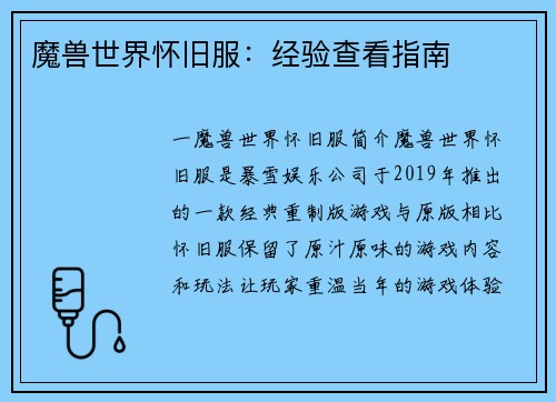 魔兽世界怀旧服：经验查看指南