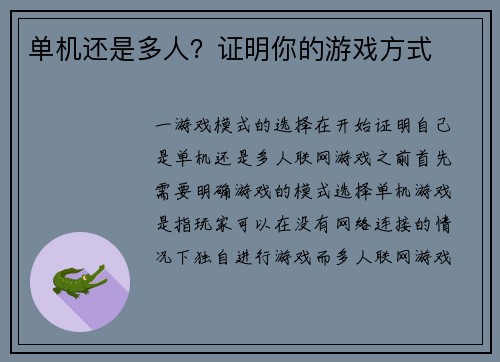 单机还是多人？证明你的游戏方式